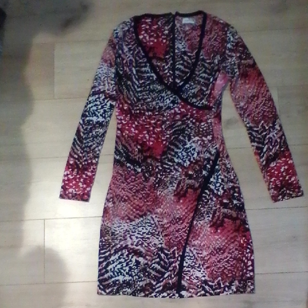 Calvin Klein Red and Black Patterned Long Sleeve Dress